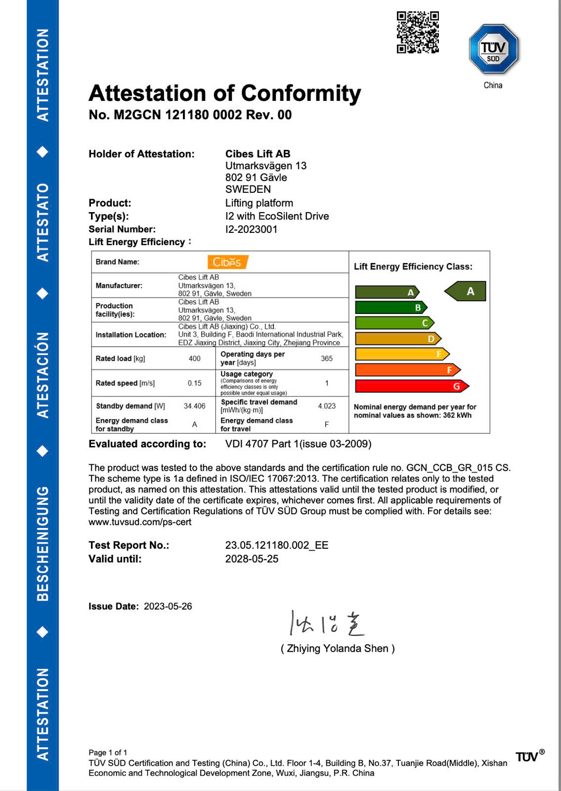 Chứng nhận năng lượng nhãn A của Cibes